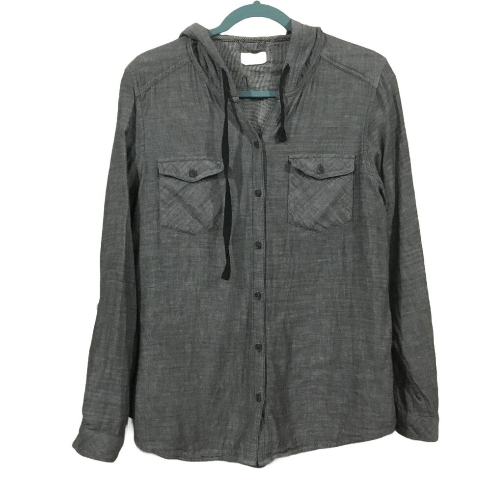 Boston Traders Grey Button Up Contrasting Lined Roll Tab Sleeve Hoodie Shirt Lg.